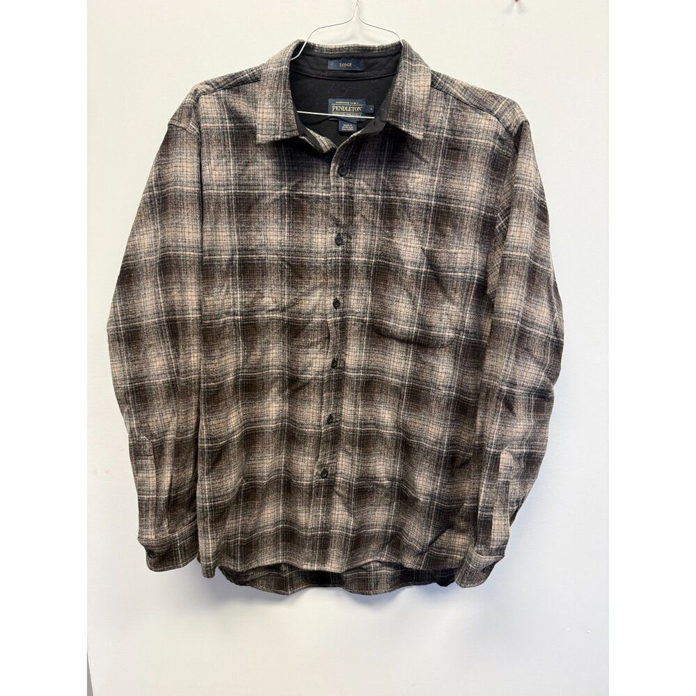 Pendleton Lodge Mens L Virgin Wool Flannel Shirt Brown Plaid Button Up Long Slee